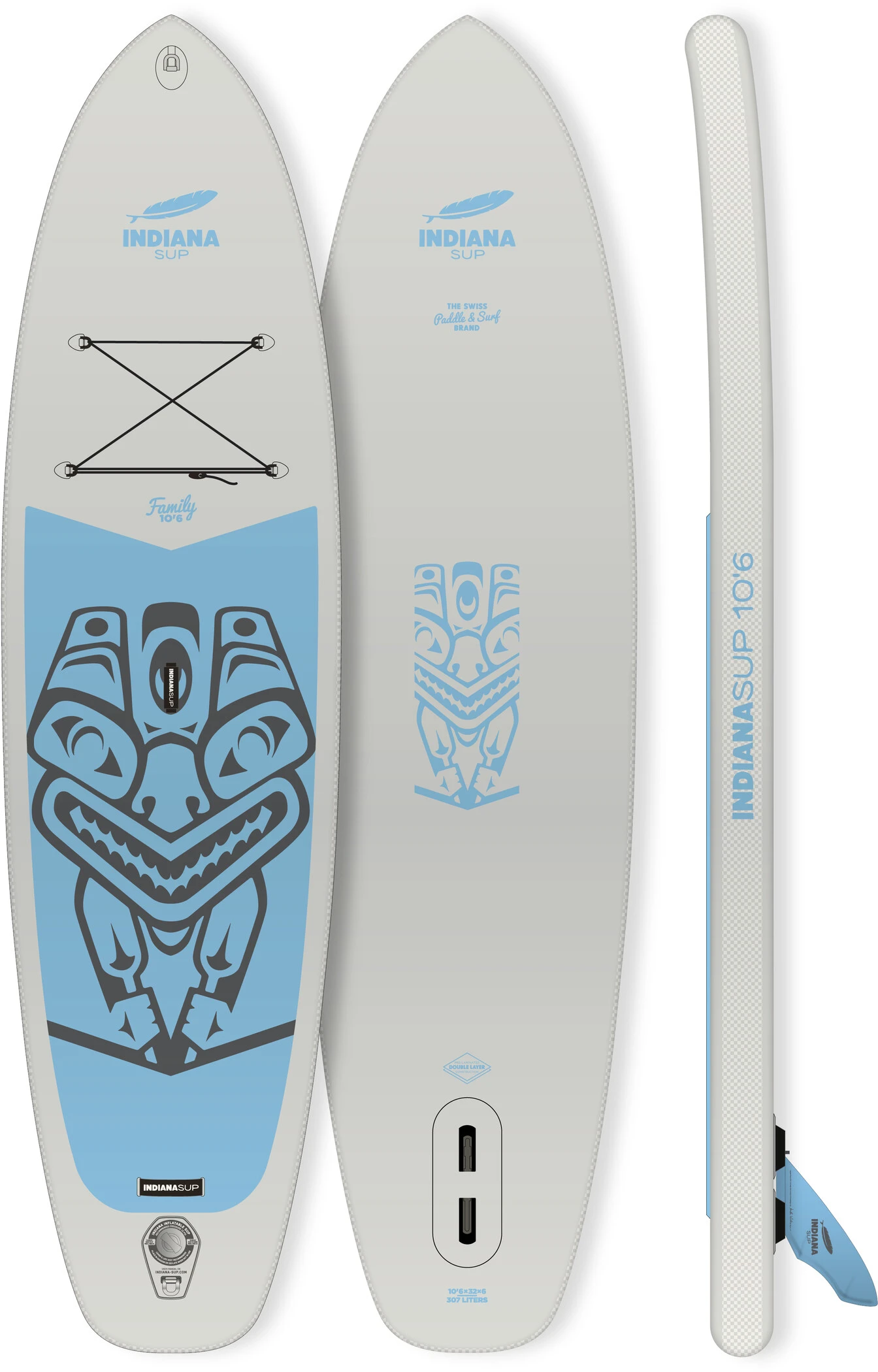 Indiana SUP 10'6 Family Pack Met 3-delige Glasvezel/Composiet Peddel, Grijs/blauw 3 Indiana SUP 10'6 Family Pack Met 3-delige Glasvezel/Composiet Peddel, Grijs/blauw