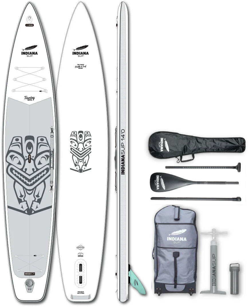 Indiana SUP 14'0 Touring Pack Premium 3-delige Carbon Peddel/pomp/reparatieset, Wit/grijs 3 Indiana SUP 14'0 Touring Pack Premium 3-delige Carbon Peddel/pomp/reparatieset, Wit/grijs